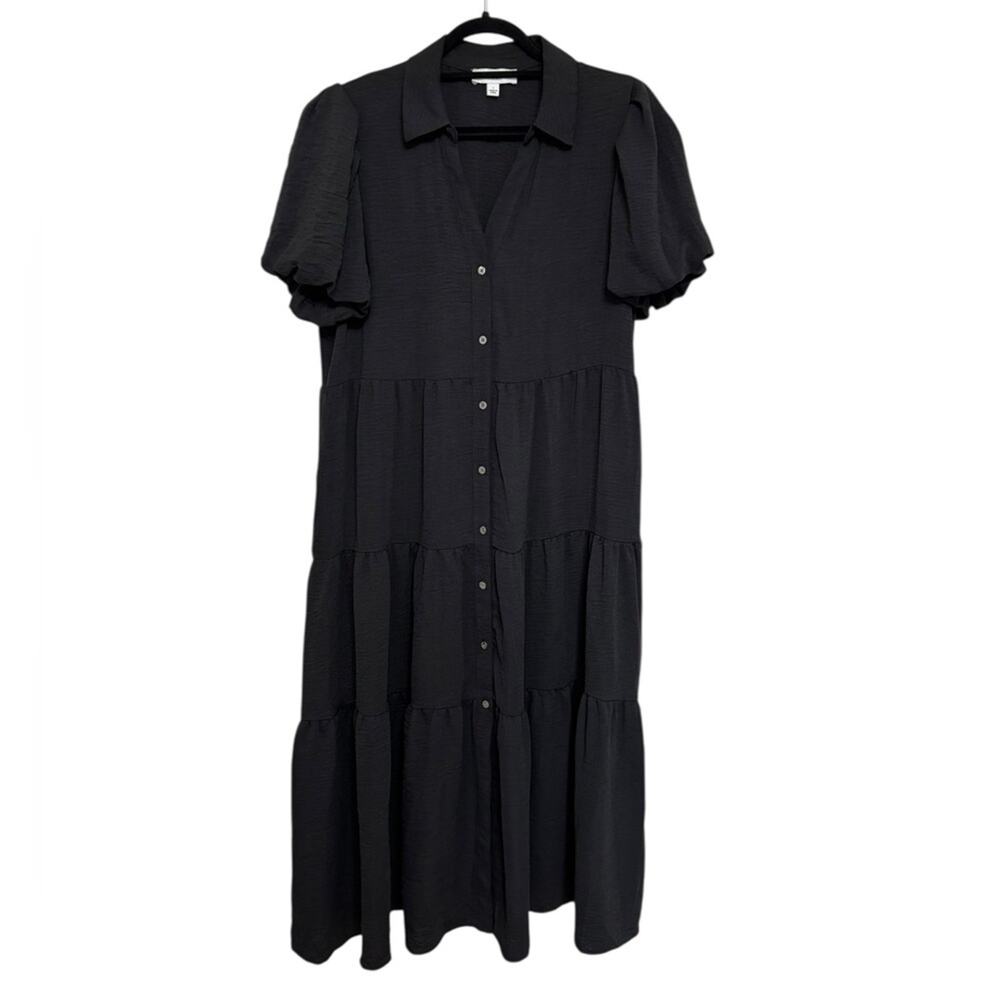 NEW Cece Gauze Short Puff Sleeve Tiered Midi Shirt Dress in Black - Size L - Picture 3 of 7